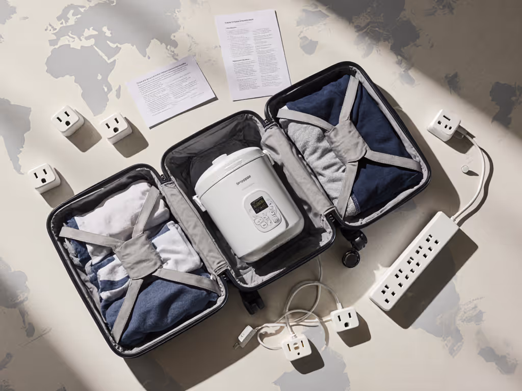 traveler_packing_rice_cooker_into_carry-on_luggage_with_international_power_outlets_in_background